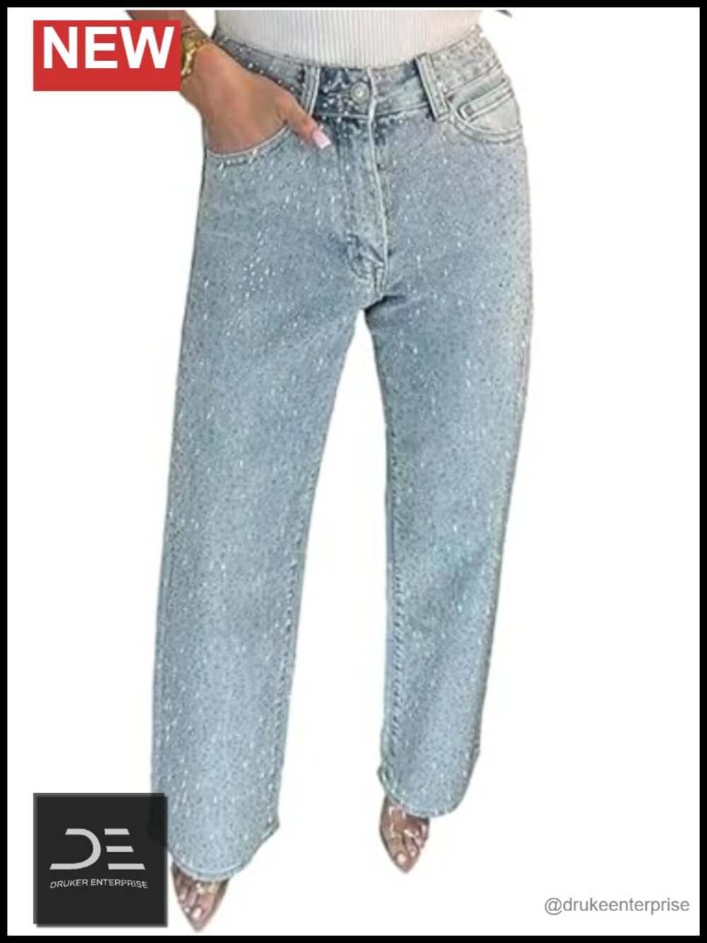 Women's High Waisted Rhinestone Straight Leg Jeans Sparkly Bling Pants